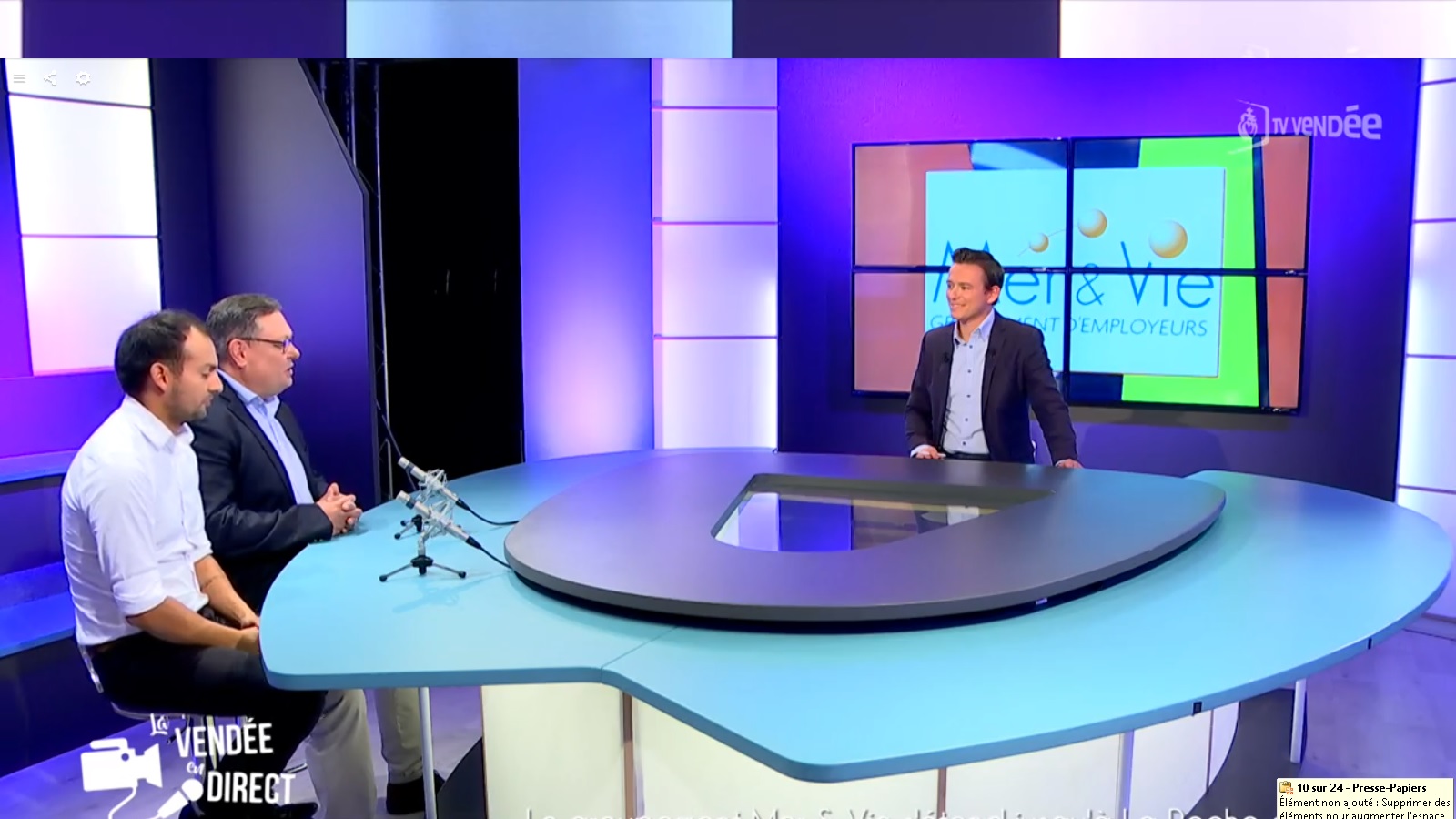 Interview du Groupement d'employeurs Mer & Vie sur TV Vendée - Le GE Mer & Vie spécialiste du temps partagé et des compétences mutualisées sur les secteurs de Saint Gilles Croix de Vie, Aizenay et la Roche-sur-Yon